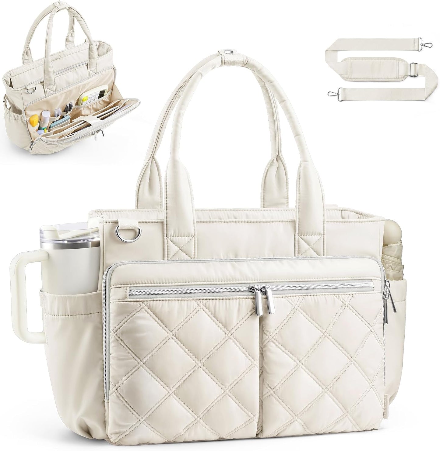 TOPEAST Teacher Tote Bag for Women Lightweight Quilted Laptop Work Travel Handbag with Zipper & Cup Holder for Nurse