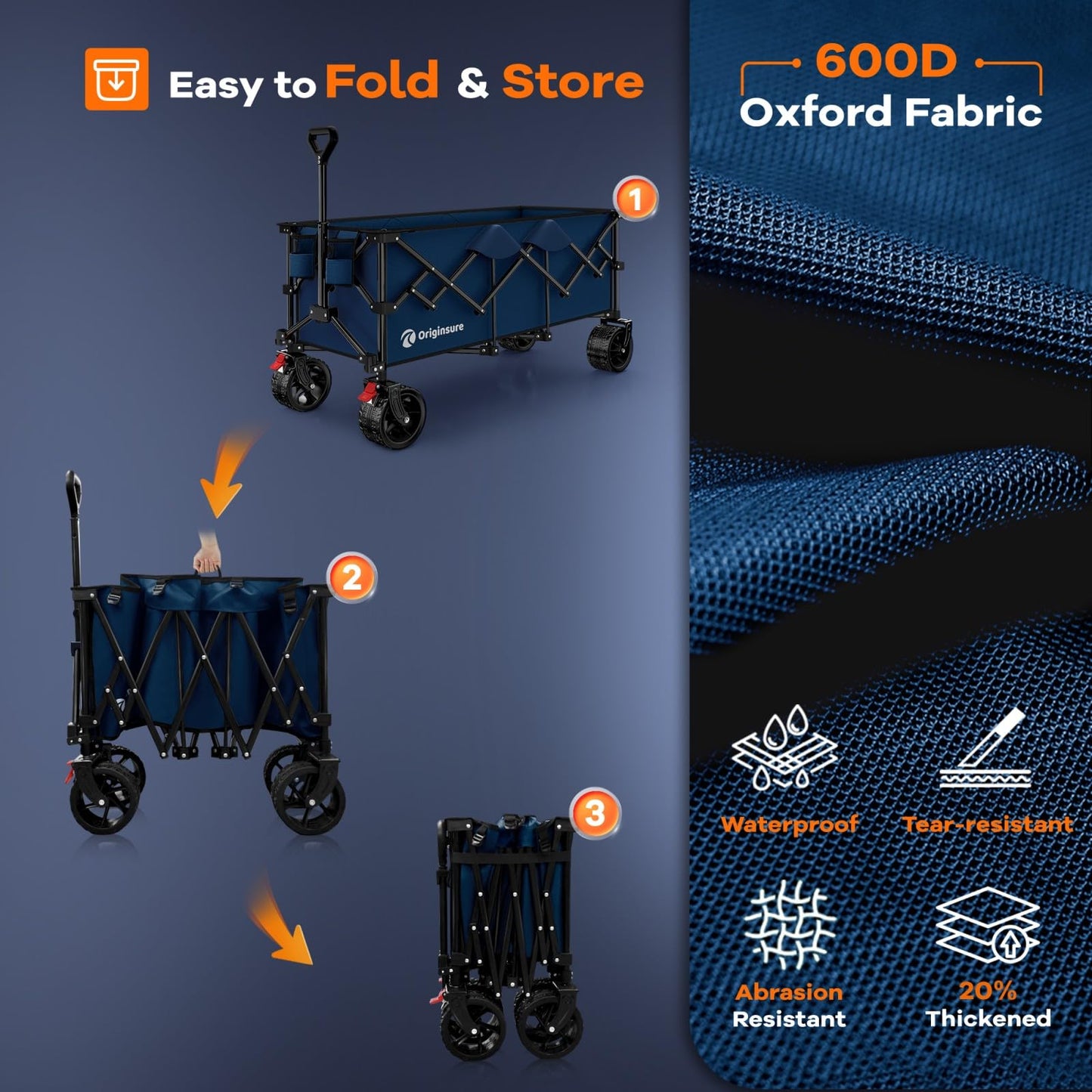 Originsure 48" L Collapsible Wagon Cart Foldable, 560lbs Weight Capacity 300L Heavy Duty Folding Beach Wagons with Big All-Terrain Wheels, Utility Carts for Groceries, Camping, Sports - Blue