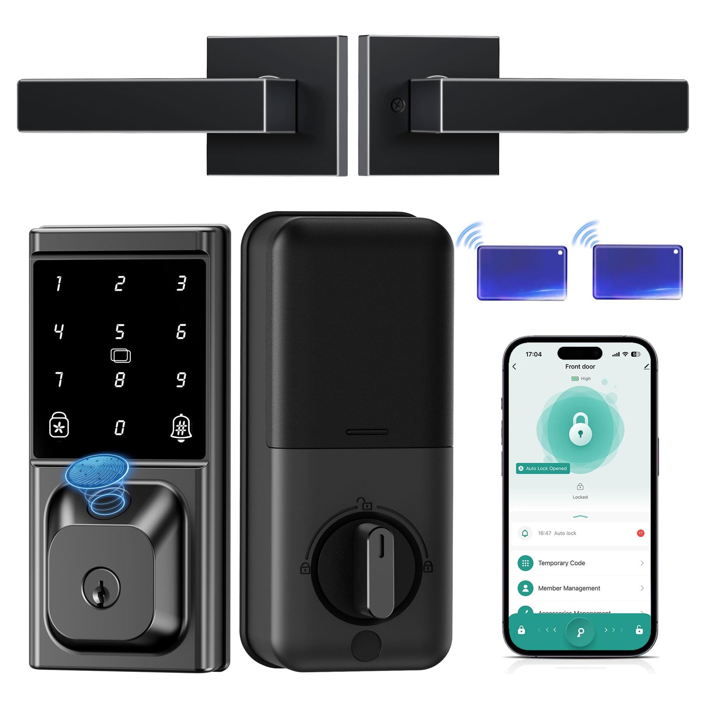 IBLOG Smart Deadbolt Lock with 2 Lever Handles, Keyless Entry Door Lock Set, Fingerprint, Touchscreen Keypad, APP Control, Temporary Passcode, Auto Lock, IP54 Waterproof, Easy Install for Front Door