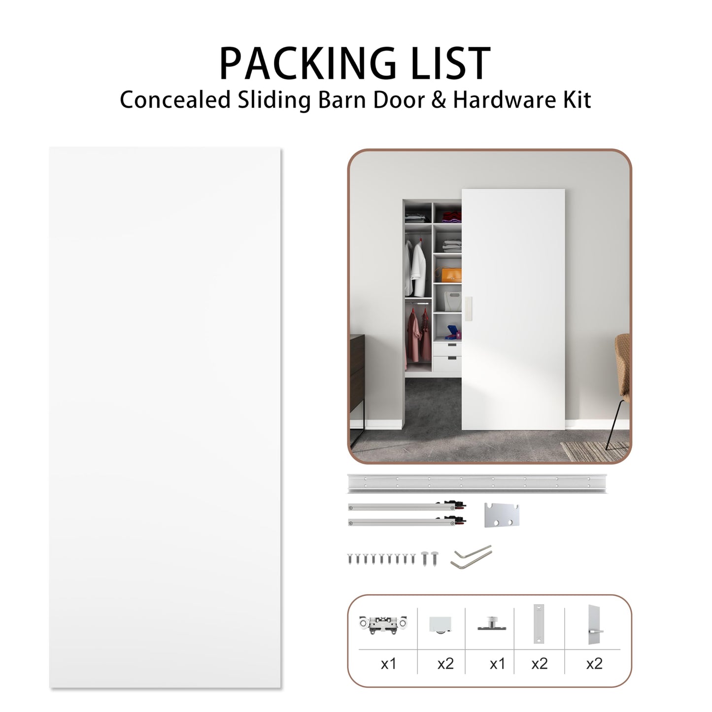 JUBEST 30"x84" Flush Solid Core White Primed Concealed Sliding Hidden Barn Door with Soft Close Installation Hardware and Double Sided Pulls Included