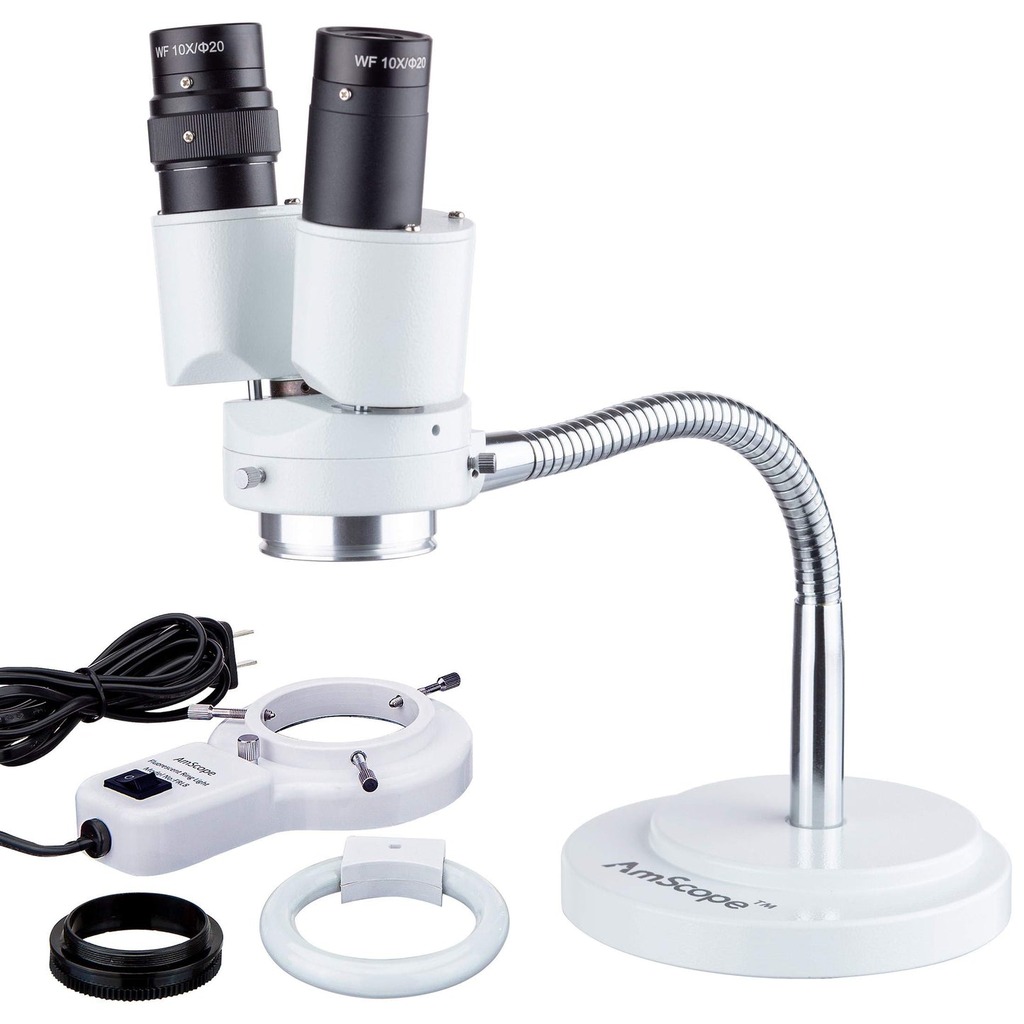 AmScope - 8X Binocular Stereo Microscope w/ 360 Revolve + 8W Fluorescent Ring Light - Gooseneck Illuminator Set for Dental, Lab, Electronic Repairs - SE508-FRL