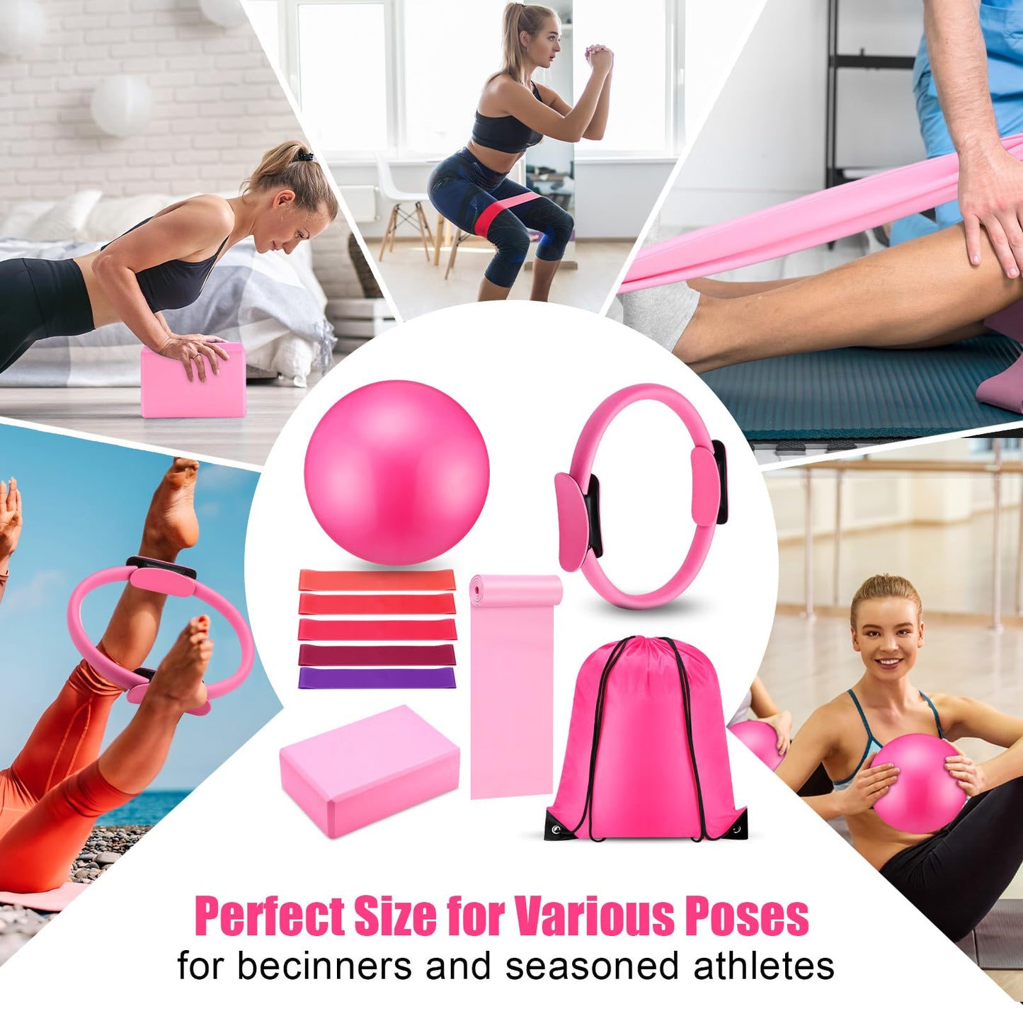 Silipull 10 Pcs Pilates Ring Blocks Set for Women Home Yoga Equipment Accessories Pilates Ring Circle and Ball Workouts Gift Include Ball Yoga Circle Resistance Bands Block Straps Gym Bag(Pink)