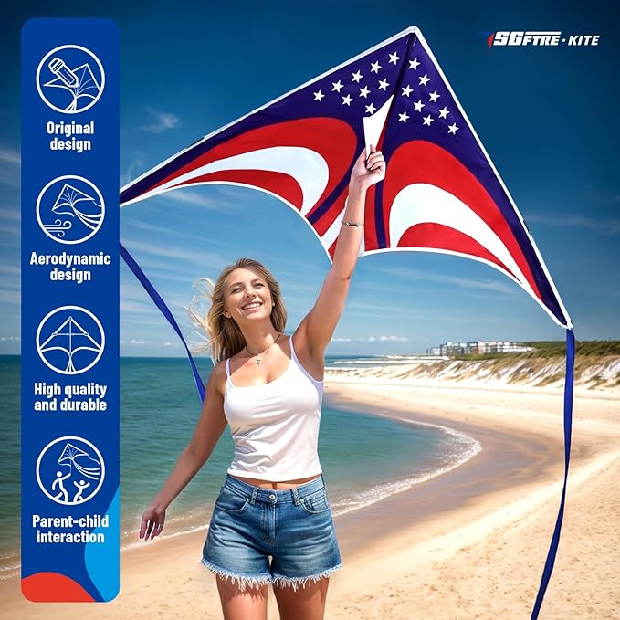 Delta American Flag Kite for Easy to Fly Beach Kite for Fun Family Activities, Kites for Adults and Kids Ages 8-12 (American Flag red Blue)