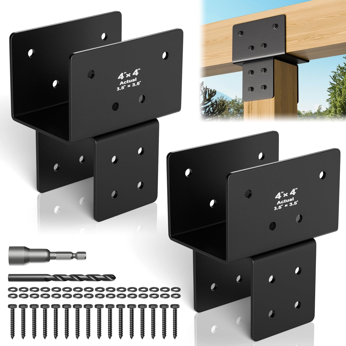 Wuno Shop 2 Pack 4x4(Actual 3.5"x3.5") Post Caps Tie Bracket, Stainless Steel Post to Beam Connectors for Wood, Heavy Duty Post Anchor Connector for Pergolas, Gazebos, Decks Porches-Black