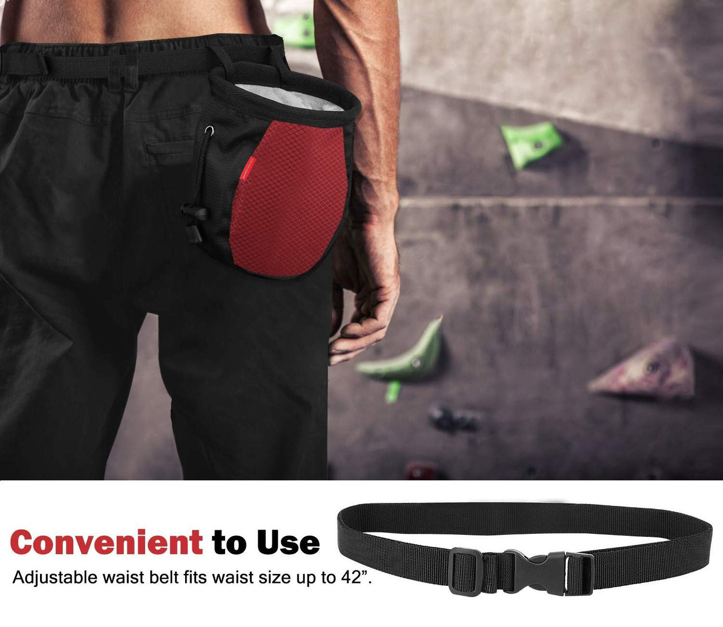 Rhino Valley Climbing Chalk Bag, No Leak Drawstring Chalk Bag with Adjustable Belt, Carabiner Clip and Zippered Pockets Chalk Bag for Rock Climbing, Cross Fit, Weight Lifting & More - Black & Red