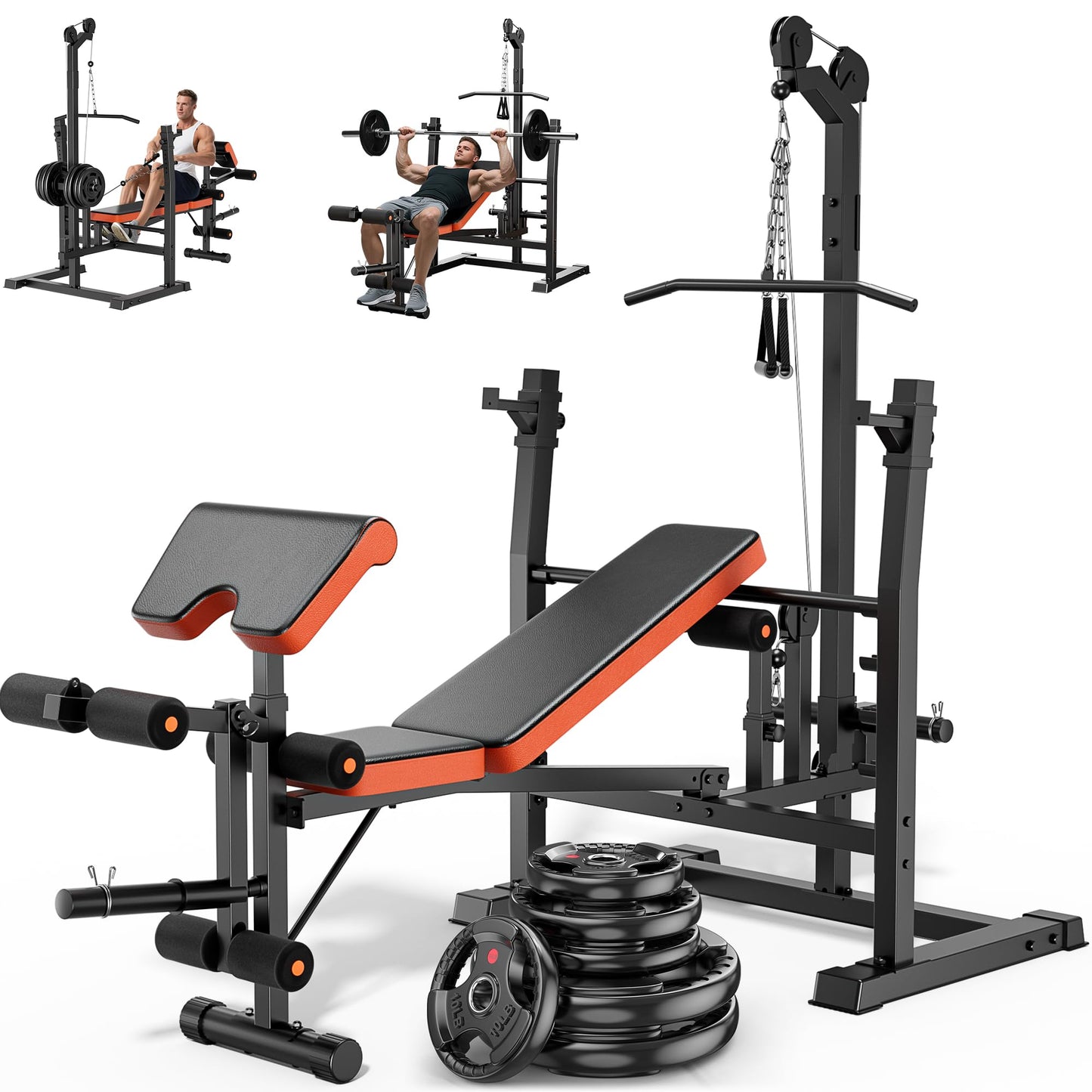 XDDIAS Weight Bench, 9 in 1 Olympic Weight Bench Set with LAT Pulldown and Rowing, 900LBS Bench Press Set with Leg Extension and Preacher Pad, Flat Incline Bench with Weight Plates