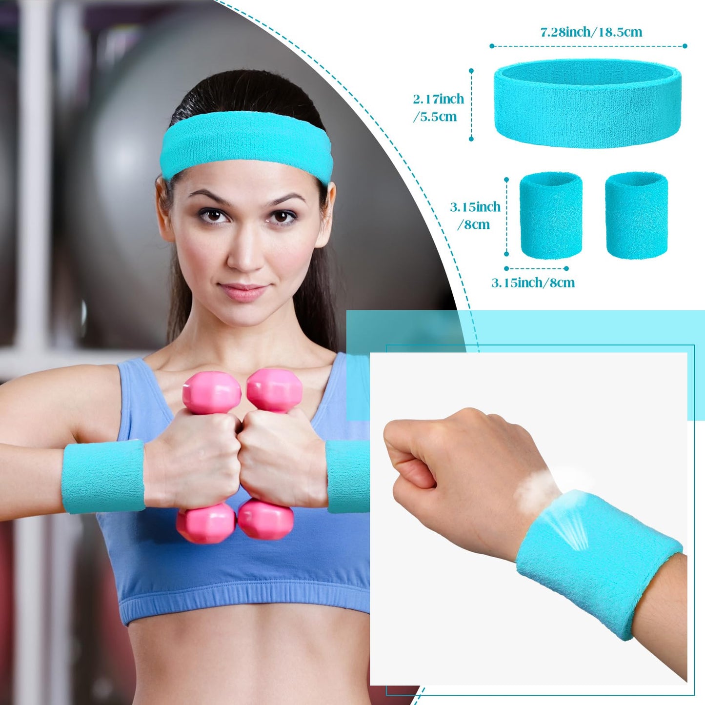 Yuxung 72 Pcs Neon Sweatbands Set for Women Tennis Wristbands Cotton Terry Cloth Sports Athletic Sweat Bands for Running Gym Basketball Workout Sports 80s 90s Costume Cosplay Party (Neon Blue)