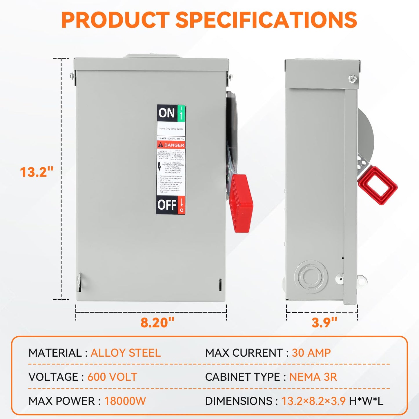30 Amp Disconnect Switch, Fusible, 3 Pole 600 Volt, with Interlock Mechanism, Anti Corrosion and Rust Prevention, NEMA 3R Enclosure for Indoor&Outdoor, 10-Year Warrnaty, 30 Amp Disconnect Box