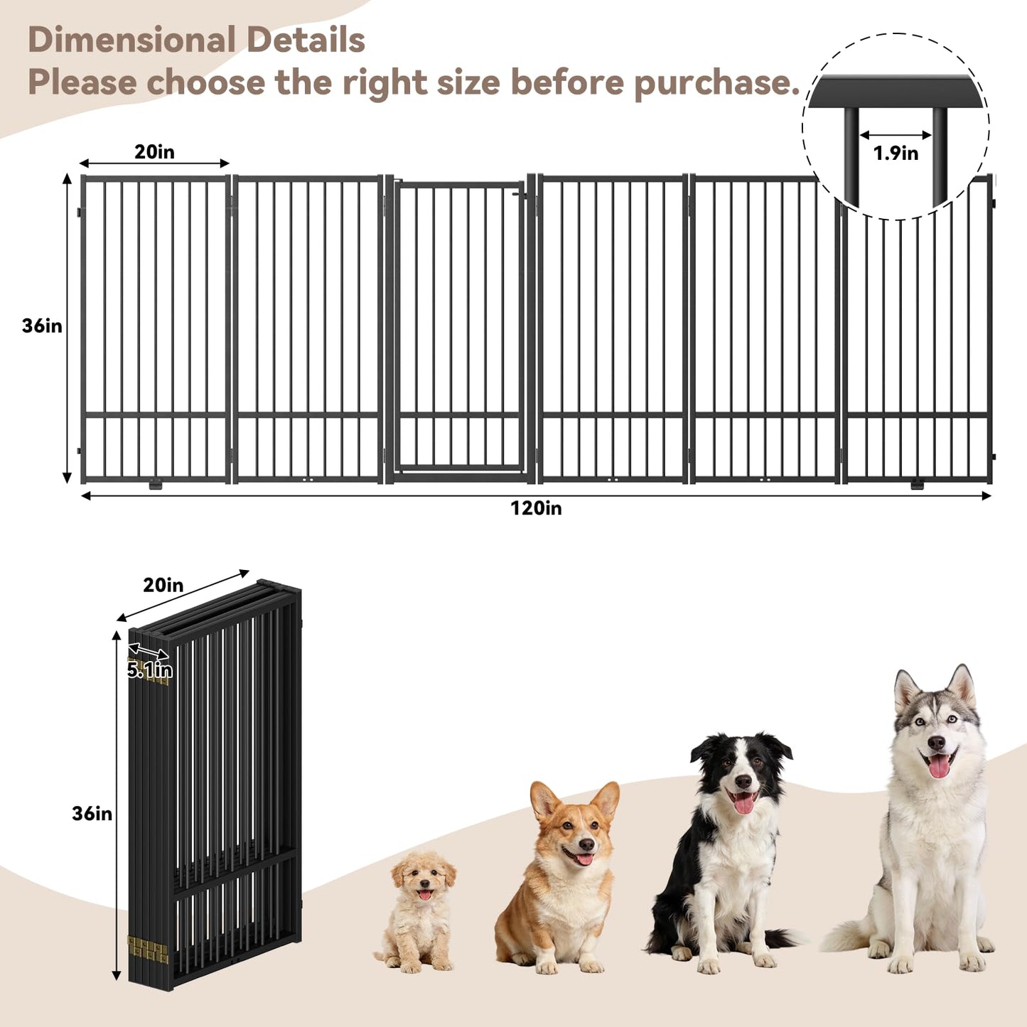 SNUOWU Full Metal Freestanding Dog Gate with Door, 36''Height Foldable Pet Dog Fence for Indoor & Outdoor, 6 Panels Extra Wide Free Standing TallDog Gates for Doorways,House,Stairs,Porch,Deck,Yard