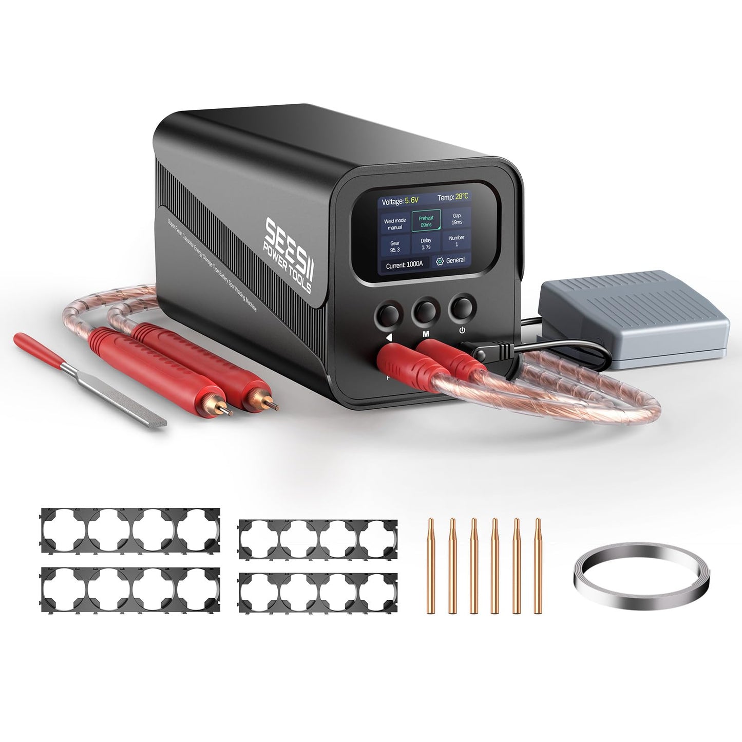 SEESII Capacitive Battery Spot Welder: 10KW(2000A) High Power Output, Includes 6 Copper Welding Pins, Plug-in Spot Welder for Lithium Batteries, Nickel Sheet (Battery Repair)