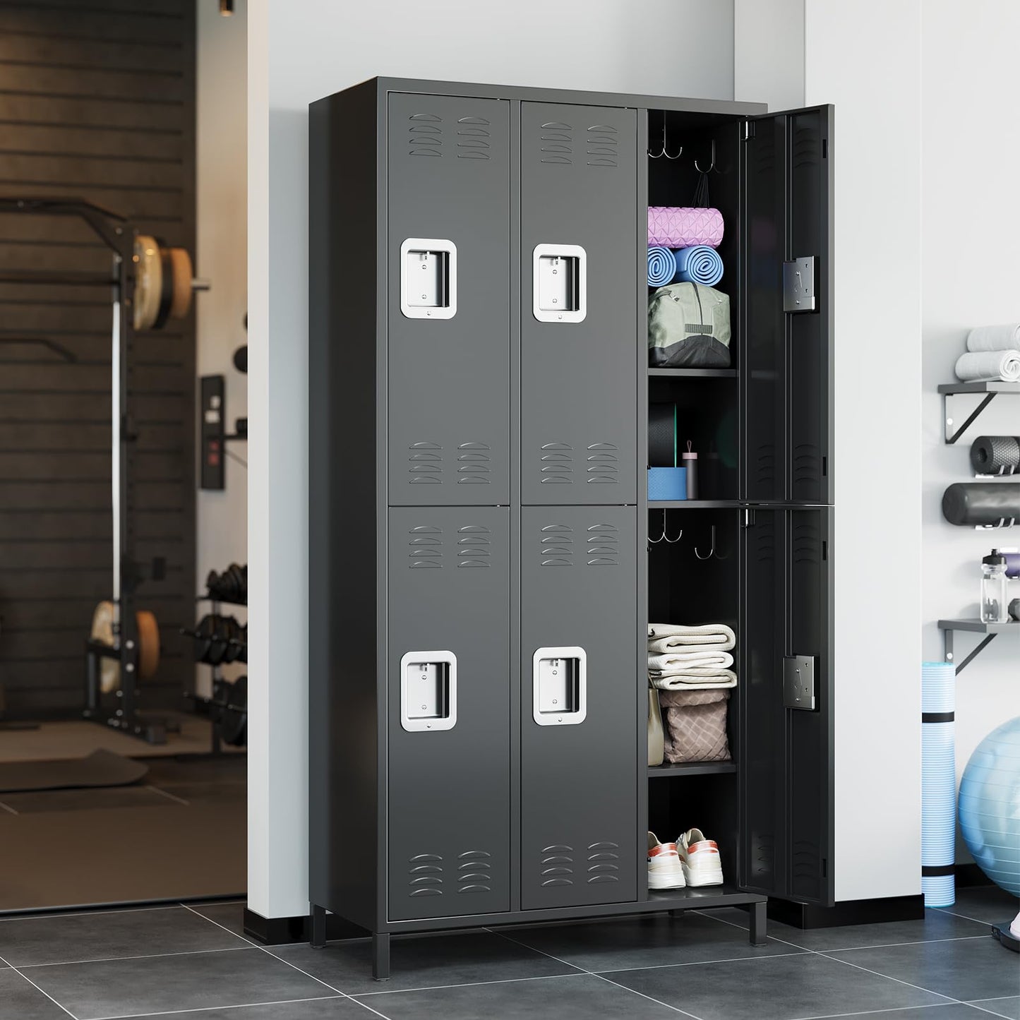 72" Industrial-Grade 9-Door Steel Storage System - 9 Shelves + 29 Multi-Purpose Hooks, Modular Locker Cabinet for Warehouse/School/Home Gym (Reinforced Steel Frame + Anti-Slip Base Plates) - Black