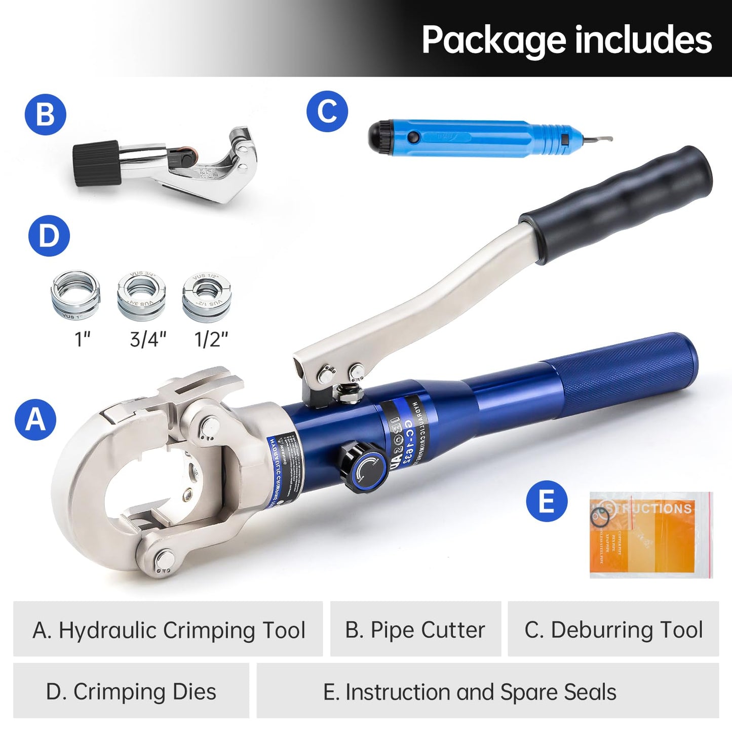 IBOSAD Copper Tube Fittings Hydraulic Pipe Crimping Tool with 1/2",3/4" and 1" Jaw Copper Pipe Press Crimper Pressing Pliers, with Pipe Cutter