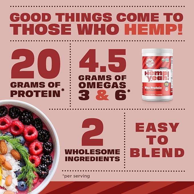 Manitoba Harvest Hemp Yeah Organic Max Protein Powder, Unsweetened, 16oz, with 20g Protein and 4.5g Omegas 3&6 per Serving, Keto-Friendly, Preservative Free, Non-GMO, Packaging May Vary