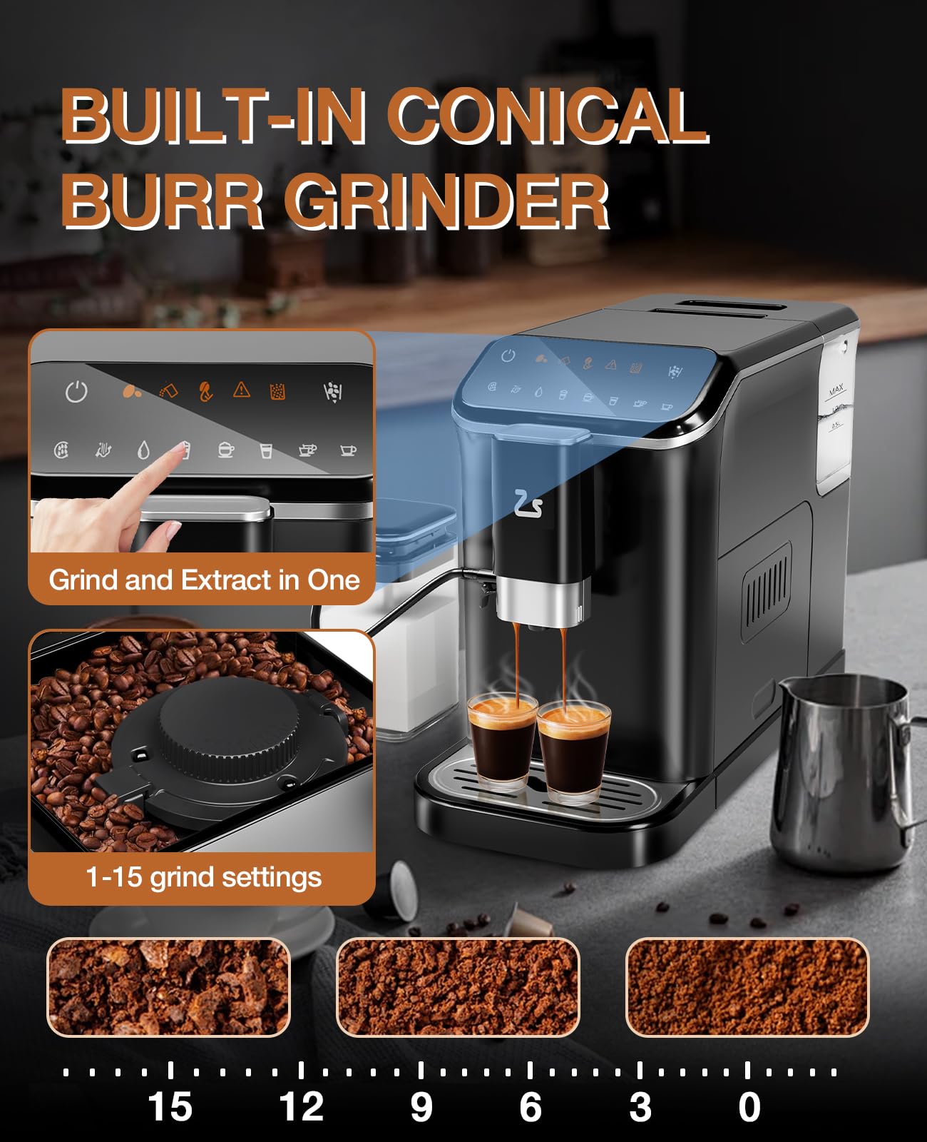 Super Automatic Espresso Machine & Coffee Maker, 20Bar Pressure, Built-in Conical Burr Grinder & Milk Frother, 6 One-Touch Recipes, Auto Clean, 1.5l Water Tank, for Home Office, 120v, Black&Silver
