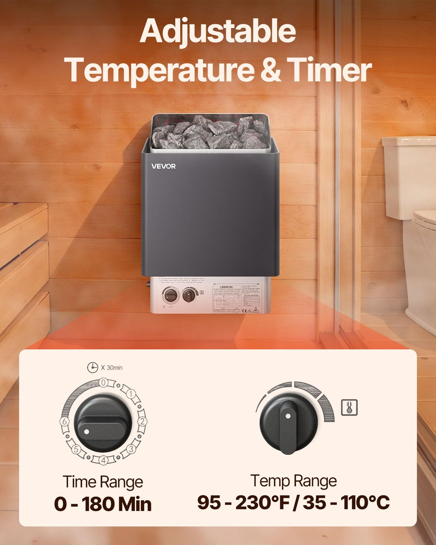 VEVOR Sauna Heater,220V Electric Sauna Stove, Steam Bath Sauna Heate 3h Timer and Adjustable Temp for Max. 176-318 Cubic Feet, Home Hotel Spa Shower Use (6KW) FCC Certification