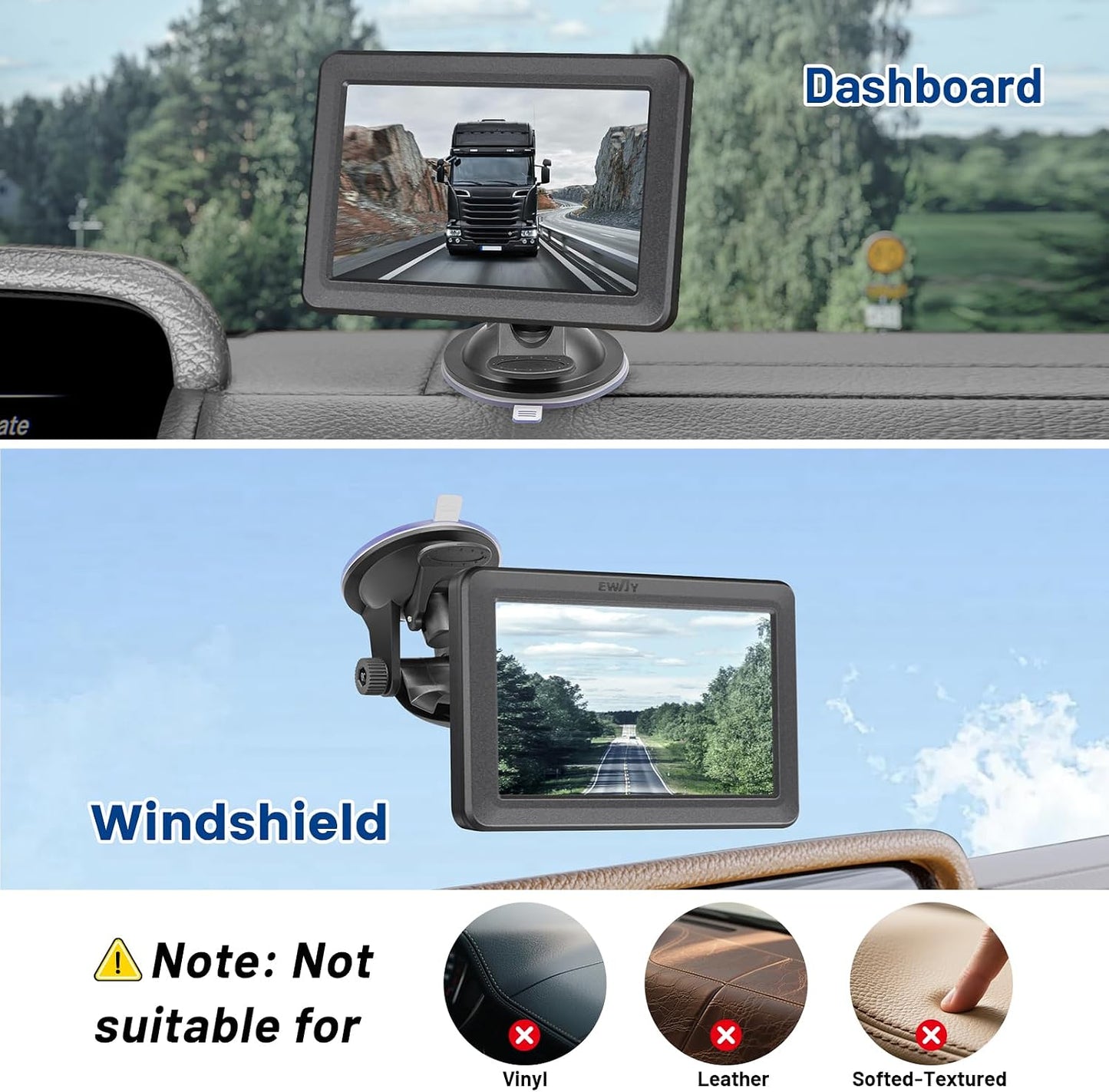 EWAY 4-Hole 4.3"/5" Direct Fit Suction Cup Mount for Backup Camera Monitor, Knob-Lock Adjustable Dashboard Windshield