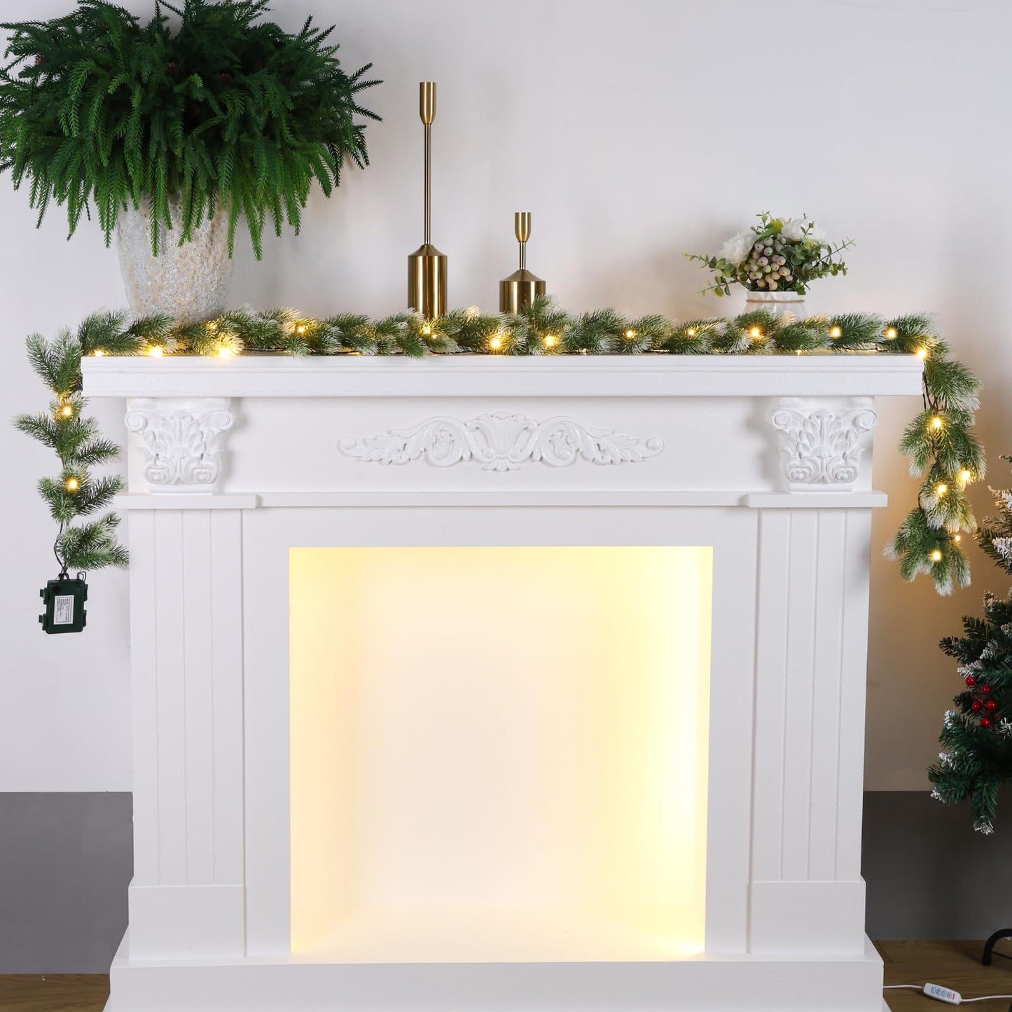 2 Pack Pre Lit Snow Flocked Christmas Garland 6 ft Artificial Christmas Garland with Warm White 30 LED Light and Timer Frosted Faux Pine Winter Garland for Home Indoor Outdoor Mantel Seasonal Decor