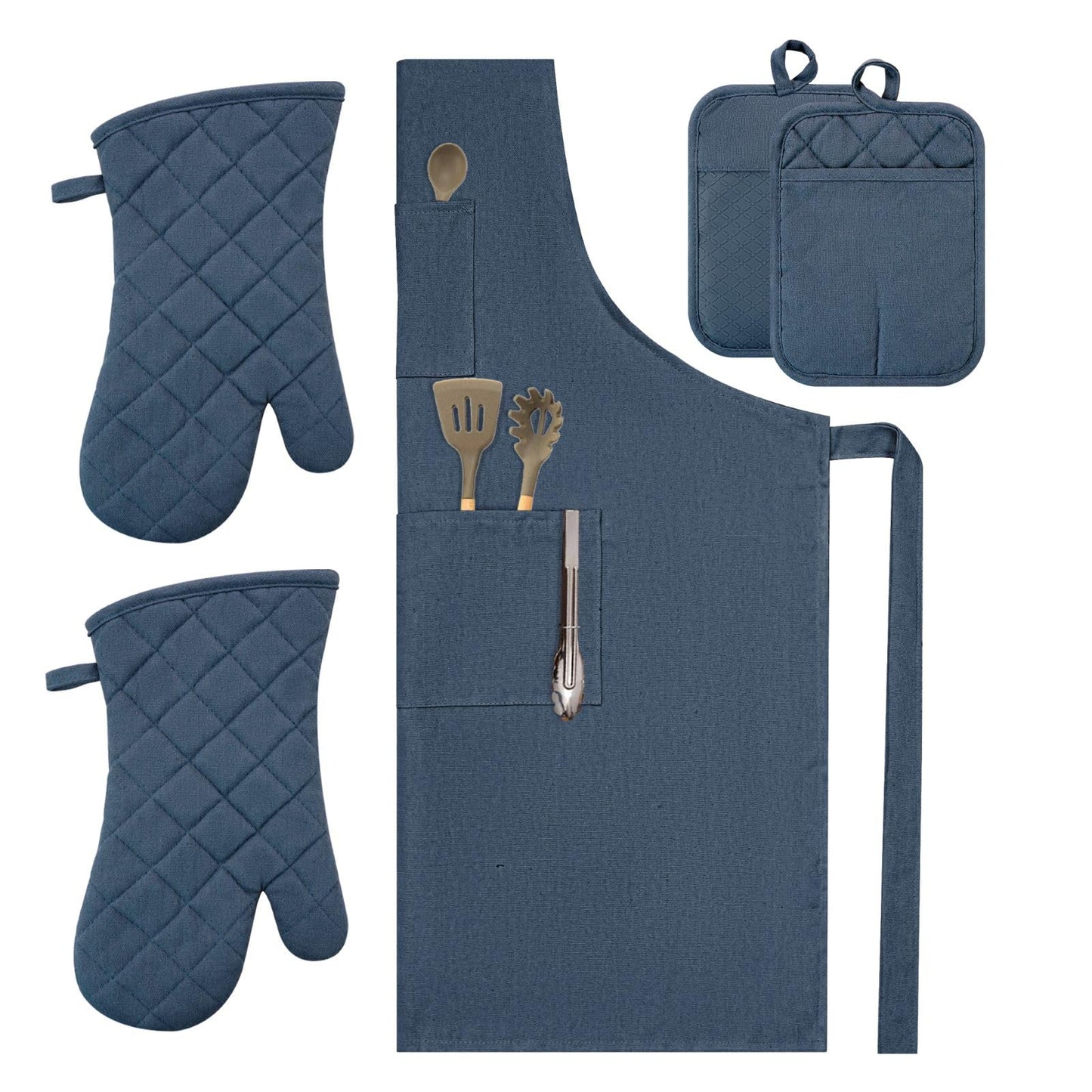 Oven Mitts and Pot Holders with Cooking Apron Set of 5, Heat Resistant Kitchen Gloves and Silicone Non-Slip Potholders, Adjustable Neck Buckle Chef Apron, Cotton Nice Design for Cooking （Navy…