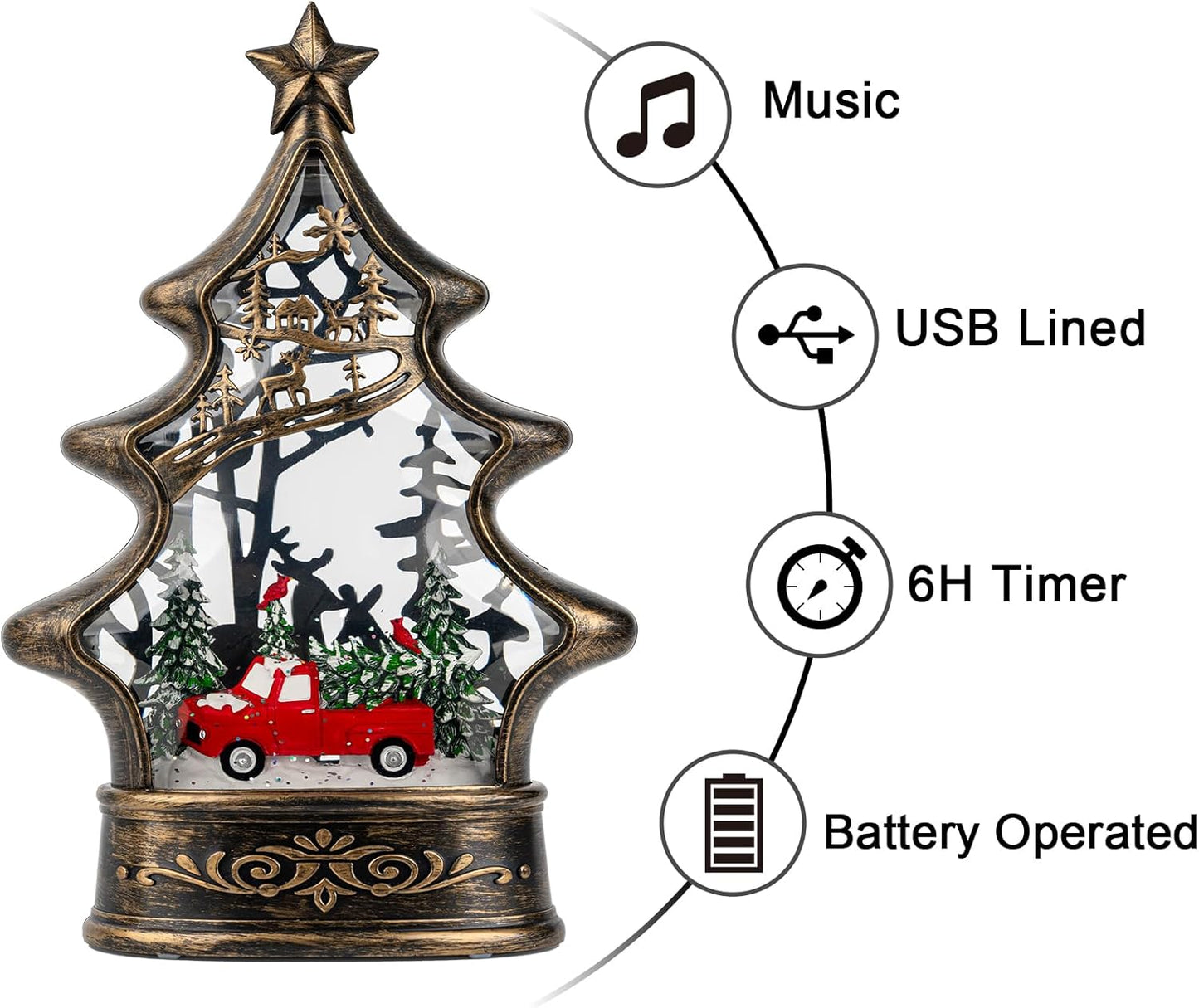 Regine Switzerland Snow Globe Lantern - Musical Lighted Christmas Tree with Red Truck - 11.5 Inch Holiday Decor
