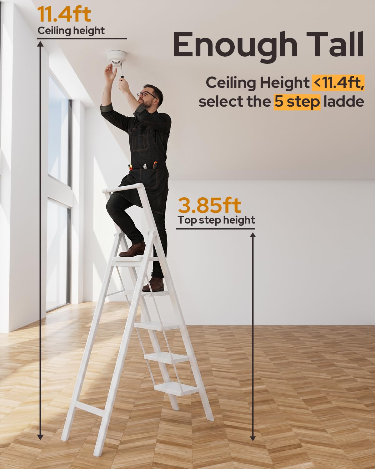 GameGem 5 Step Ladder for 10 Feet High Ceiling, Folding Step Stool Stepladders with Anti-Slip and Wide Pedal for Home and Kitchen Use Space Saving (White)