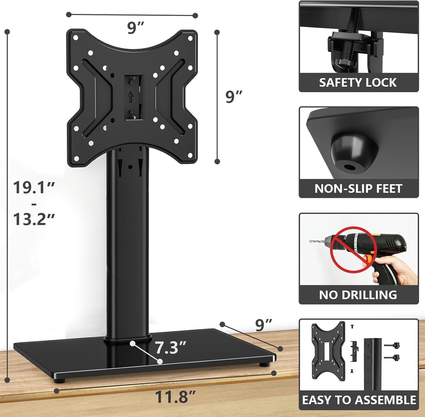 TVON 20-43 inch 4 88 Lbs, 200x200mm Universal TV Stand Base, Swivel Table Top TV Stand for TVs/Monitors with Level
