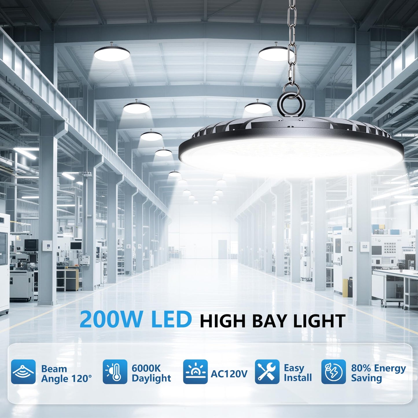 AIKVSXER 6 Pack 200W UFO LED High Bay Light, 30000LM 6000K Daylight LED Shop Lights, IP65 Waterproof Commercial Bay Lighting with Plug for Warehouse Garage Lights Workshop Gym Factory