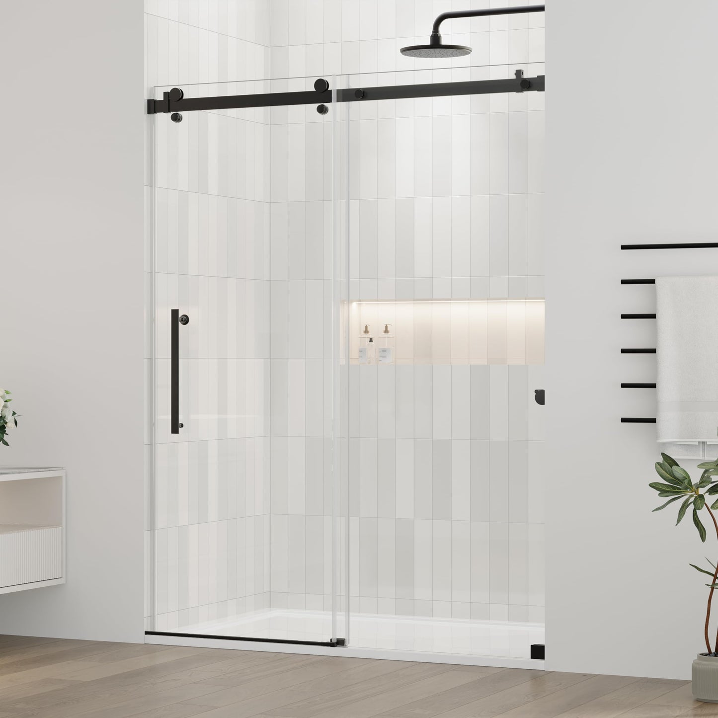 DELAVIN 50-54.in W x 72.in H Frameless Shower Door, Water Repellent Black Shower Door with Clear SGCC Tempered Glass, Easy Sliding Showe Door with Explosion-Proof Film, Stainless Steel Guide Rail