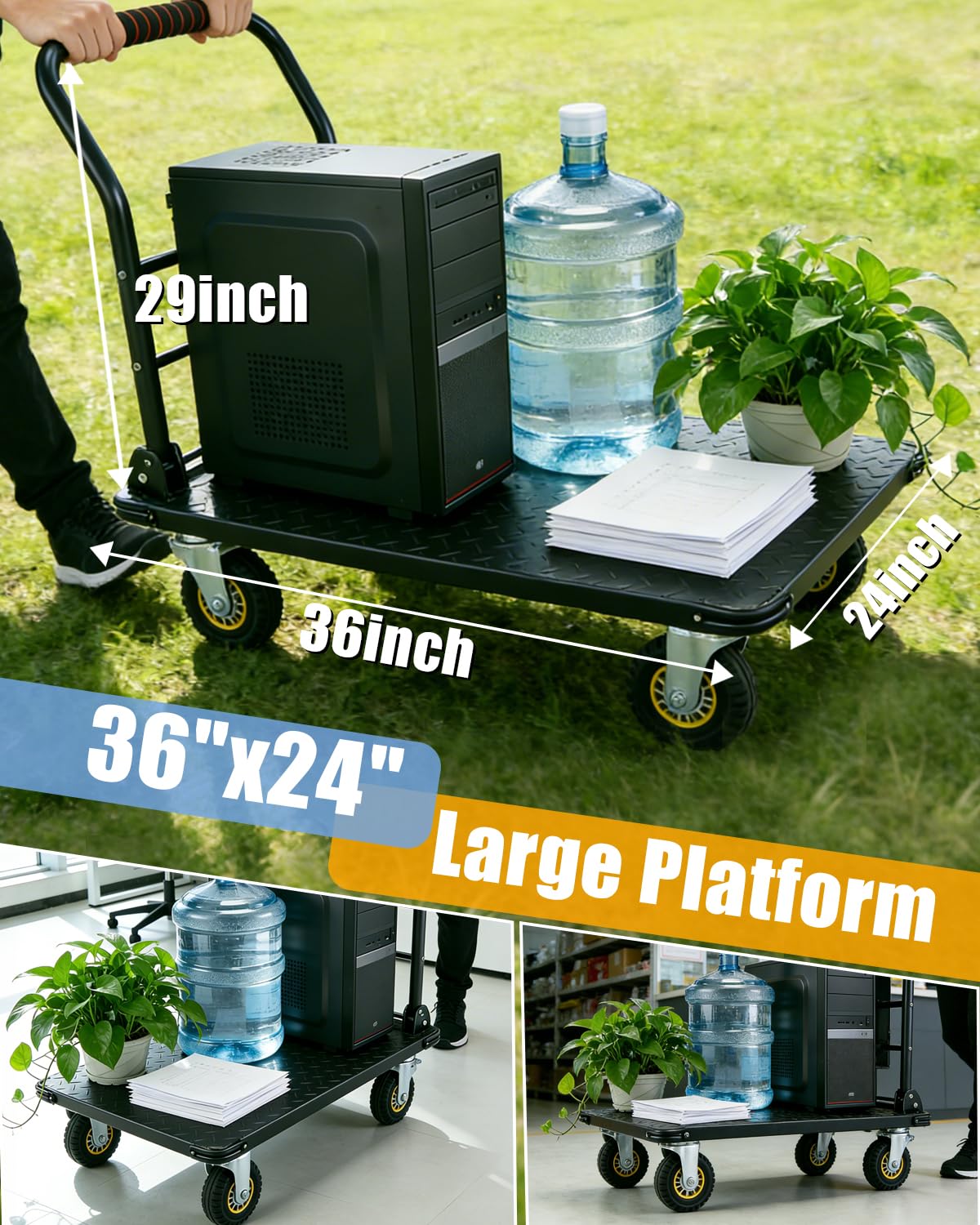 1800LBS Platform Truck Cart 36"x24" Large Utility Cart with 6" Swivel Wheels with Brakes, Foldable Hand Truck for Warehouse, Garage, Shipping & Moving