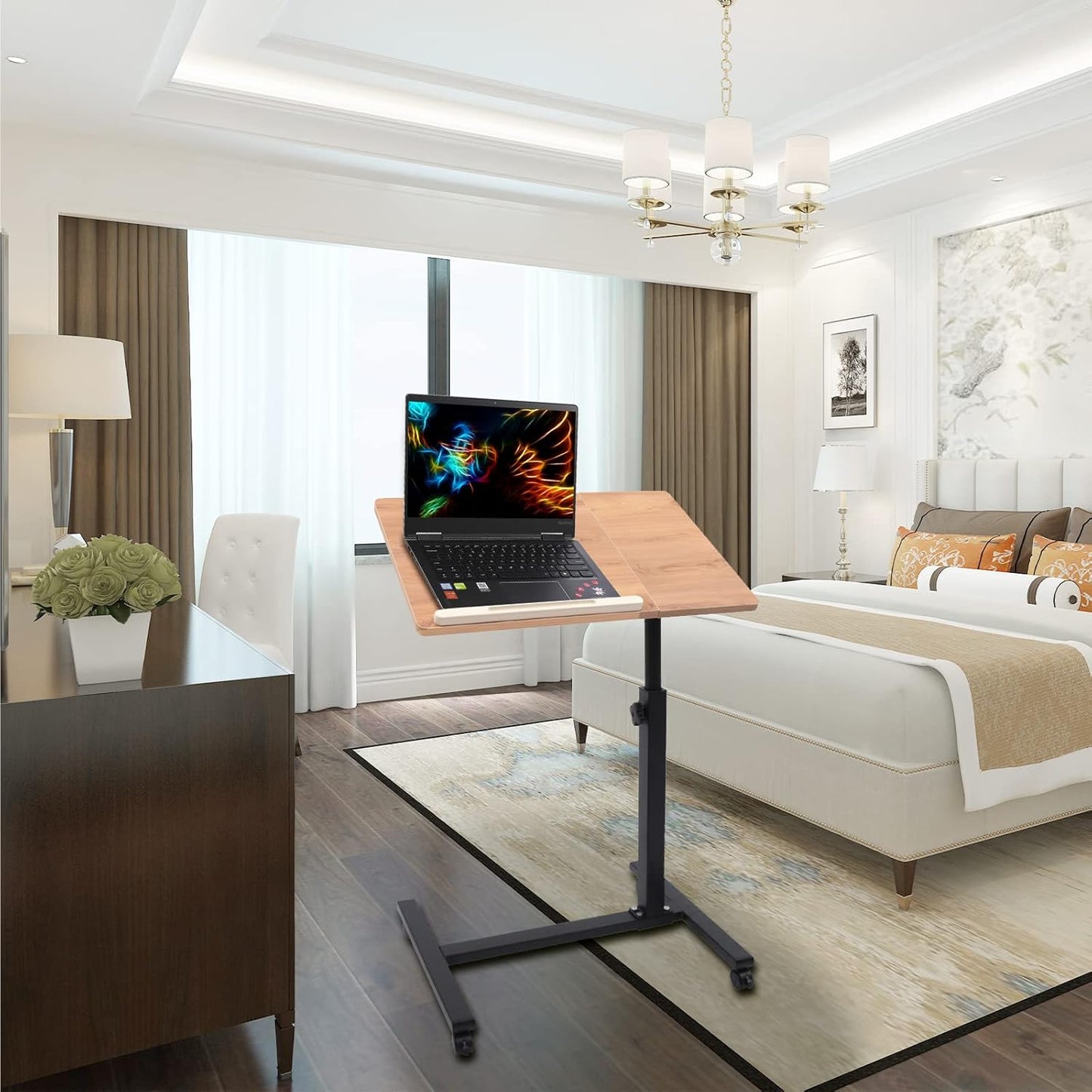 FXEIPOL Mobile Laptop Stand, Rolling Table Desk Cart with Adjustable Height and Angle, Bedside Laptop Table for Office