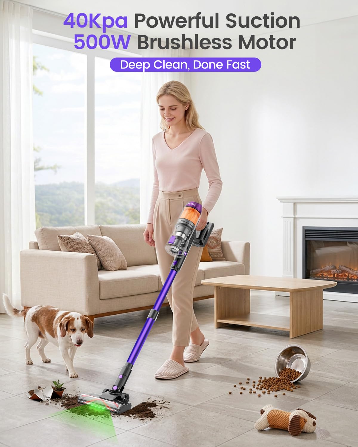 COTIAR Cordless Vacuum Cleaner, 500W 40KPa 60Mins Vacuum Cleaners for Home, Wireless Vacumm Anti-Tangle Rechargeable Vacuum with Green Light for Pet Hair/Carpet/Hardwood Floor, Purple