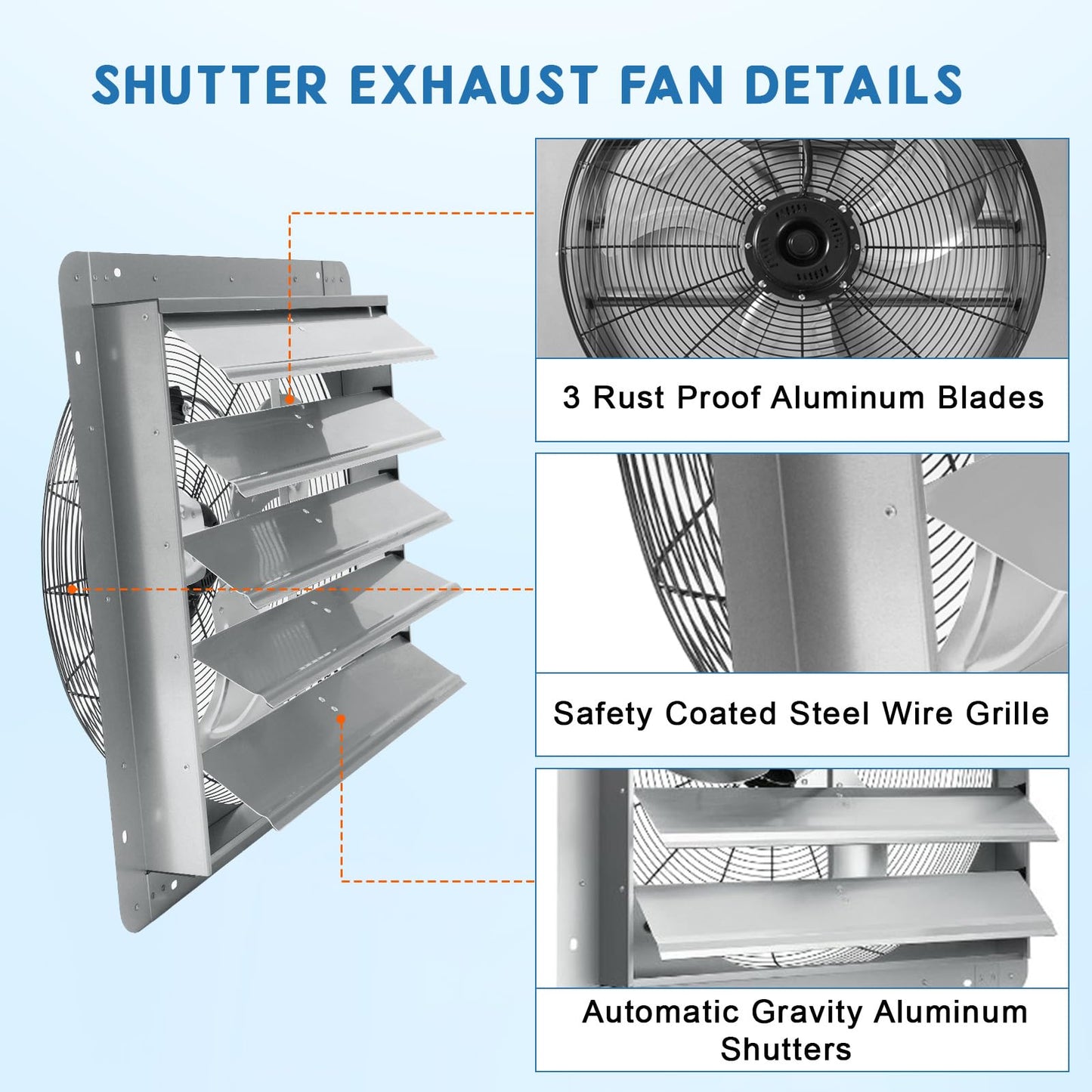 Shutter Exhaust Fan, 24" Aluminum Wall Mounted Shutter Exhaust Fan, 3500 CFM 1500 RPM Paint Booth Automatic Exhaust Fans, High Speed Low Noise for Attic, Garage, Greenhouses, Sheds
