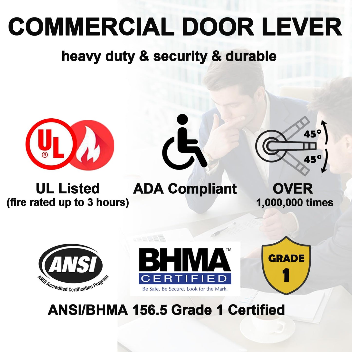 HISAFE Keyed Entry Grade 1 Commercial Door Locks Heavy Duty Office Door Lever, Non-Handed, UL 3 Hour Fire Rated, ADA Compliant, Brass Latch, 2-3/4''Backset, Satin Chrome 26D