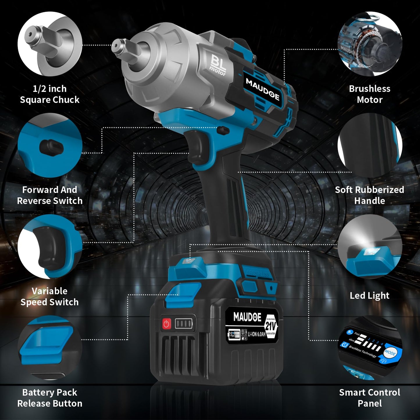 MAUDOE 2000Nm Cordless Impact Gun, 1/2" 1500Ft-lbs Heavy Duty Impact Wrench with 2 x 6.0Ah Battery & 5 Sockets, 21V Brushless High Torque Electric Pistola Llave de Impacto for Car/Truck RV/Mower