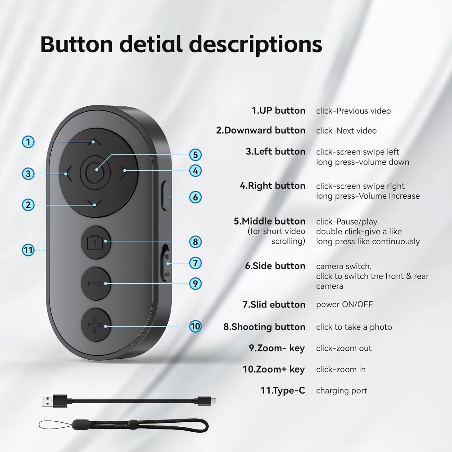 VYVIYON Wireless Camera Remote with Zoom/Camera Switch for Photo and Vlogging Compatible with iOS & Android Smartphone