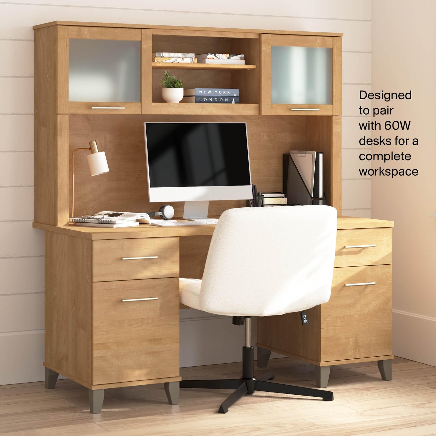 Bush Home 60-Inch Desk Hutch, Office Storage Organizer with Shelves, Cubbies and Frosted Glass Doors for Computer Desk, Home Office Furniture, Somerset Collection, Maple Cross