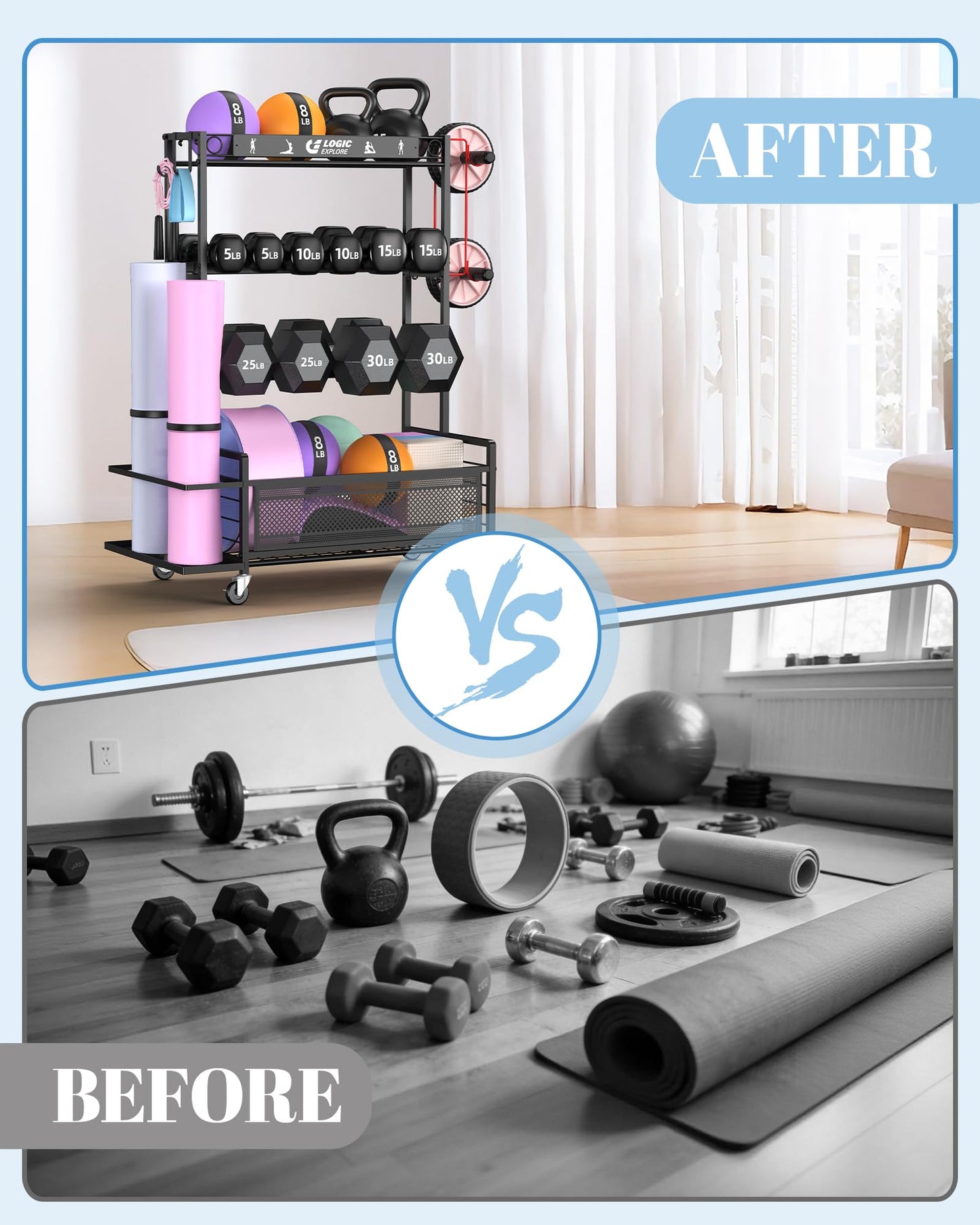 Logicexplore Dumbbell Rack Weight Storage Stand, Adjustable Weight Rack with Wheels, Metal Workout Equipment Storage Organizer, Home Gym Storage Organizer for Dumbbells, Kettlebells, Yoga Mat, Foam Roller