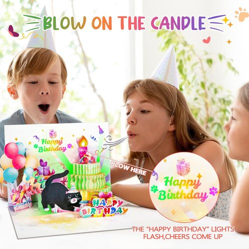 FITMITE Birthday Cards - Cute Cat Design with Music, Lights & Blowable Candle | Perfect Gift for Cat Lovers