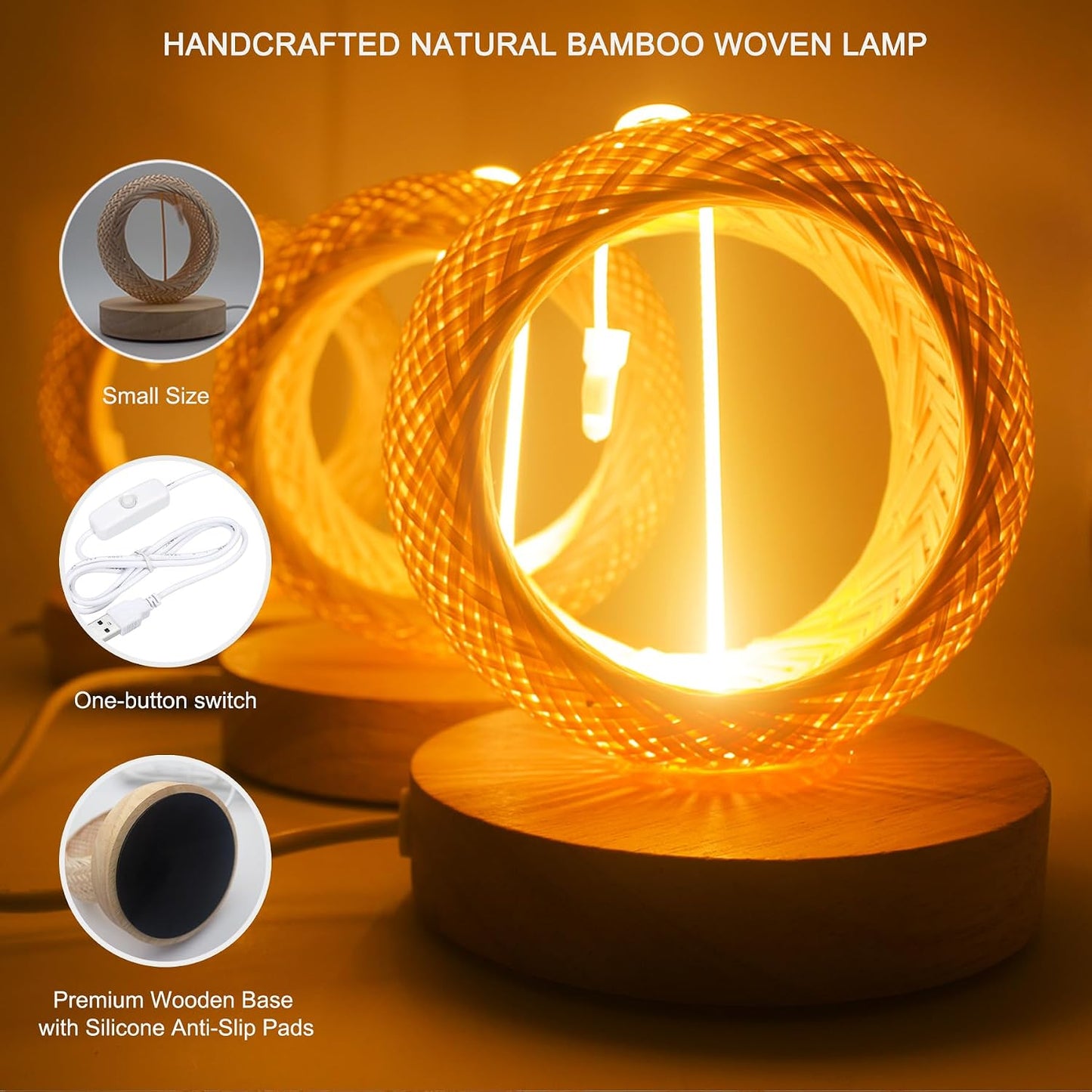 EDALOPLI Countertop USB Night Light Desk Lamp Boho Table Lamp Small Lamp Bamboo Lamp Bohemian Lamp Wooden Lamp Table