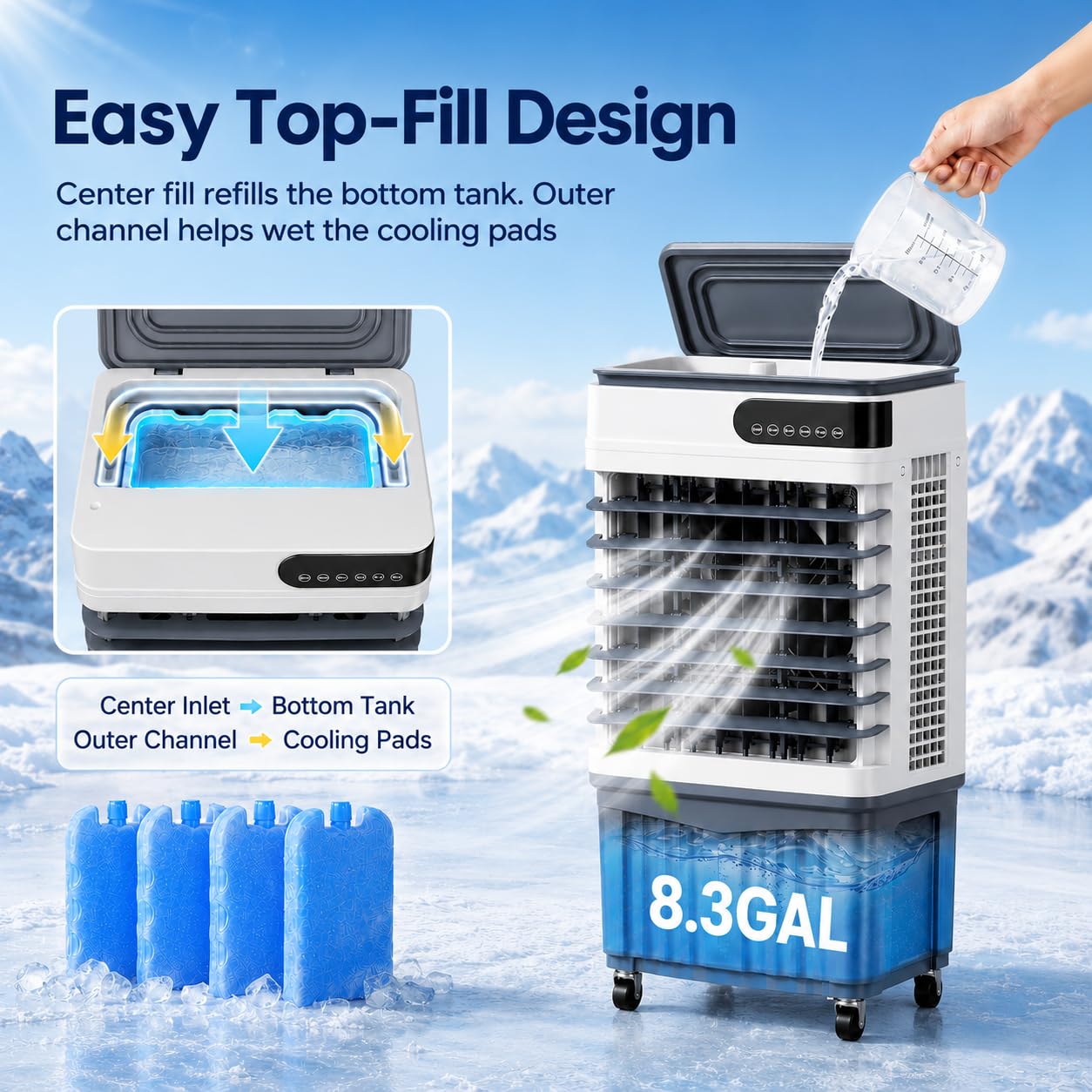 2500 CFM Swamp Cooler, Portable Evaporative Air Cooler with 8.3 Gal Water Tank, 4 Ice Packs, 120 Degree Oscillation, 3 Speeds, 12H Timer, Remote Fan for Large Room Garage