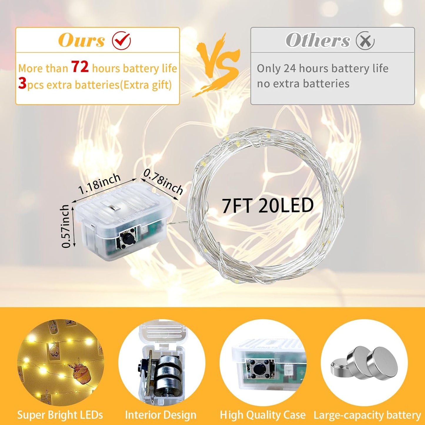 Skiennix 50-Pack Fairy Lights - 7Ft 20 LED Twinkle String Lights | Battery Operated & Waterproof for Weddings, Parties, and Home Decor - Warm White