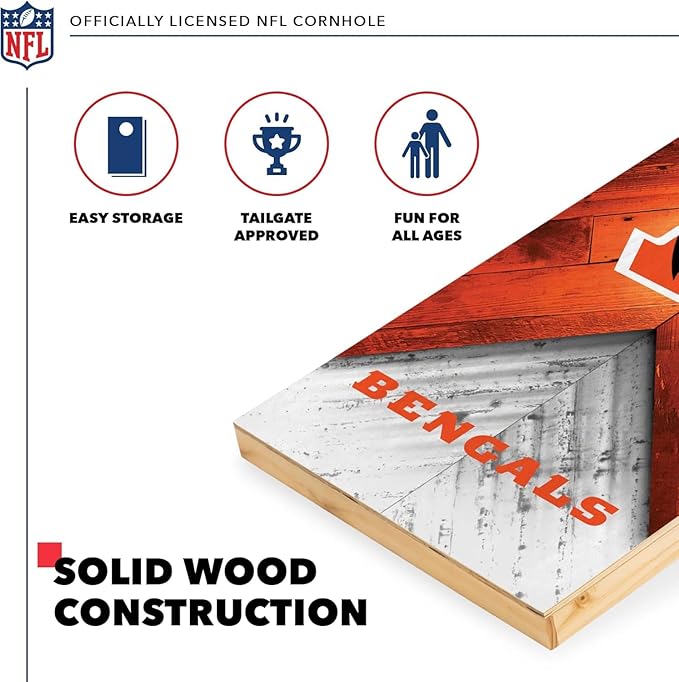 NFL Football 2' x 4' Regulation Size Solid Wood Cornhole Set with Direct Print HD Team Graphics Great Gift for Any Football Fan! Bean Bag Toss Family Outdoor Game