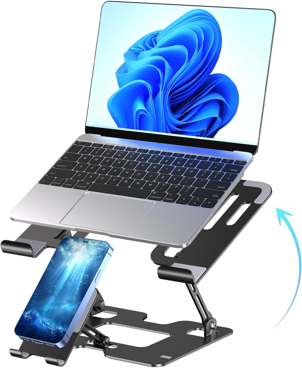 Lajou 2-in-1 Ergonomic Laptop Phone Stand for Desk, Adjustable Riser, Sturdy and Portable, Fits All Laptops and Phone