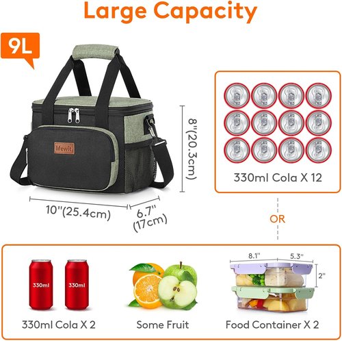 Lifewit Insulated Lunch Bag - Soft Cooler Tote for Adults | Black & Green, 12-Can Capacity (9L)