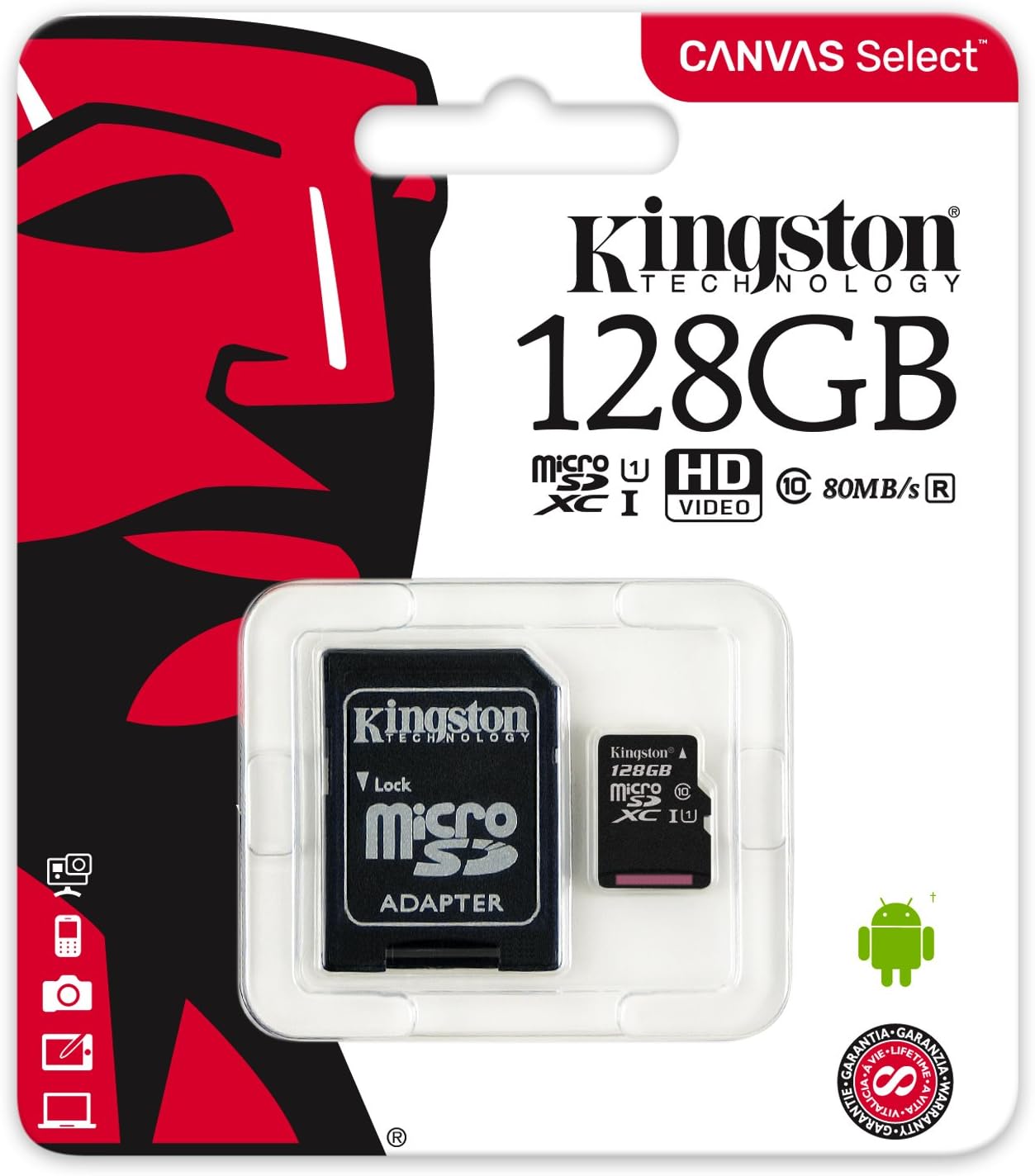 Kingston 128GB 10 80MB/s (SDCS/128GB) Canvas Select microSDHC Class microSD Memory Card UHS-I R Flash Memory Card