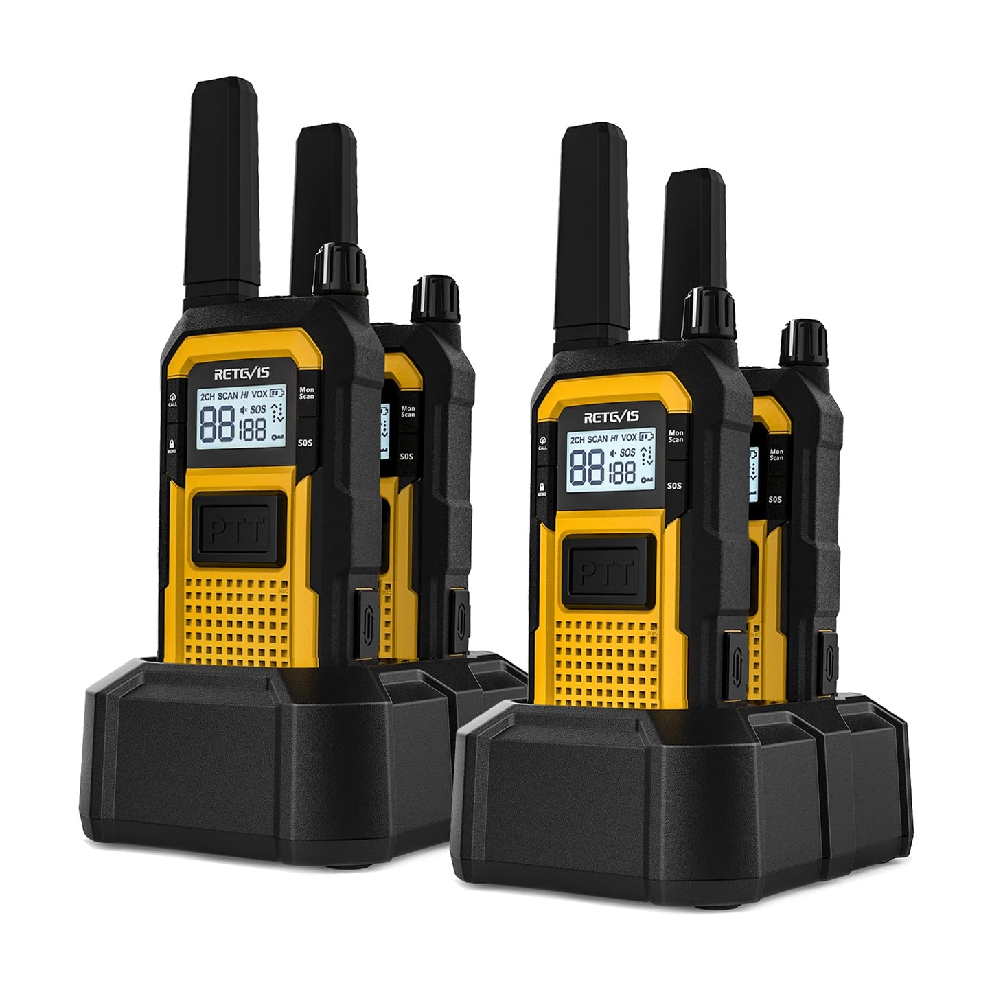 Retevis RB48 IP67 Waterproof Walkie Talkies Long Range, MIL-STD-810H Heavy Duty Two Way Radio, Rugged & Large Front PTT, Vibration Alert, NOAA, Floating, for Construction Job Site (4 Pack) Yellow