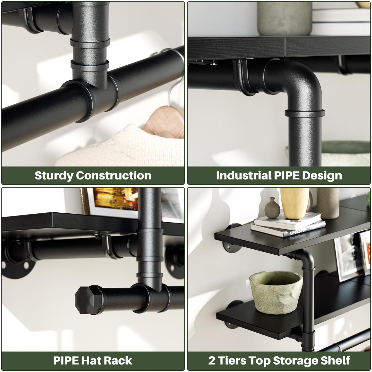 Aheaplus Industrial Pipe Clothes Rack with Top Shelf, 59In Space-Saving Wall Mounted Clothing Rack, 2 Tiers Heavy Duty Pipe Clothing Shelves with Hanging Rod for Laundry Room, Closet Storage, Black