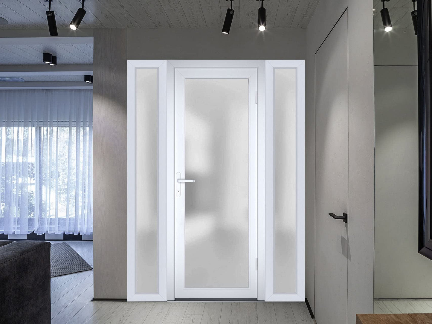 VDOMDOORS Front Exterior Prehung Fiberglass Door Frosted Glass/Manux 8102 White Silk / 2 Side Exterior Windows/Entrance Patio Garage-W12+30+12" x H80-Left-hand Inswing