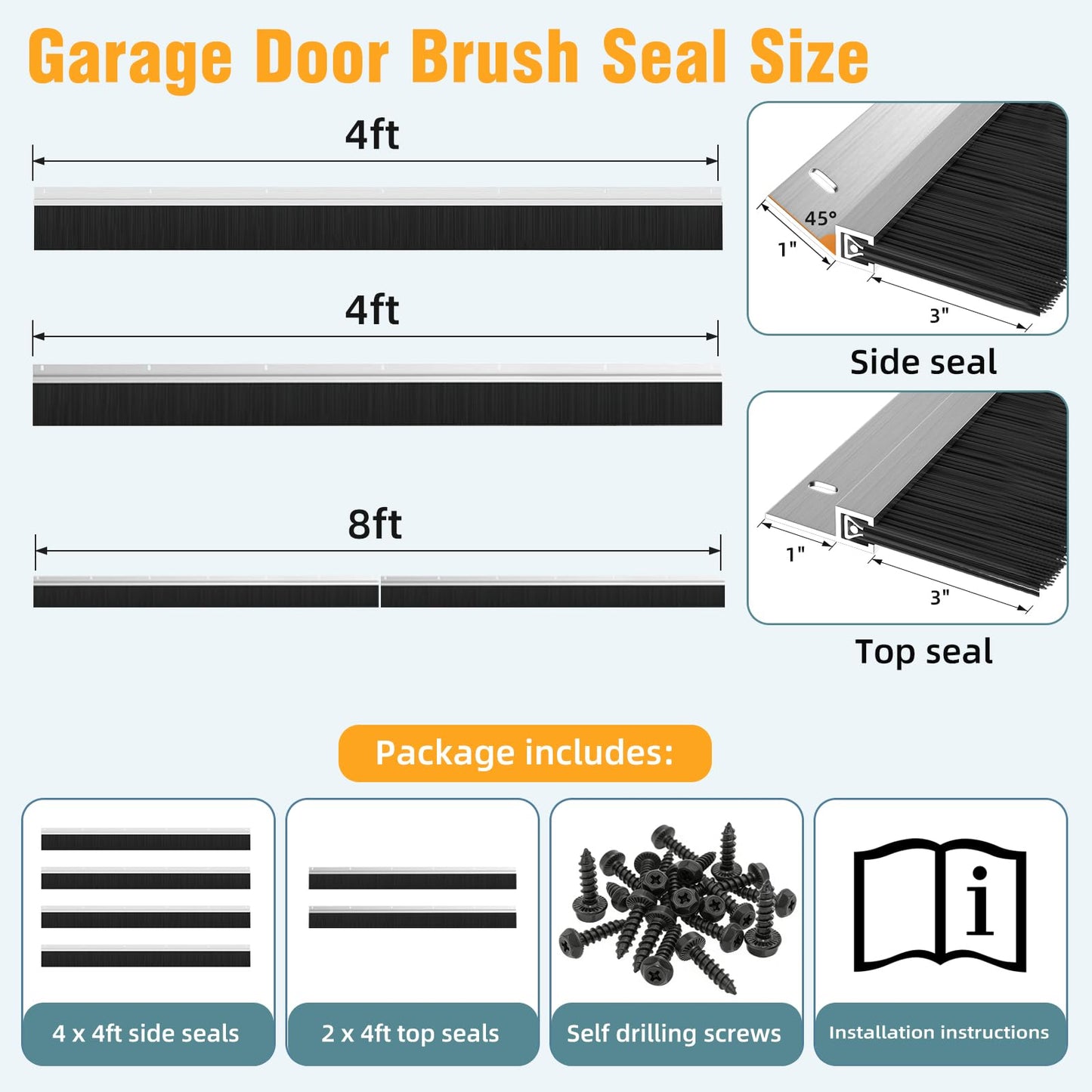 8 x 8 ft Garage Door Seal Kit, 3" Thickened Nylon Bristles with Aluminum Track, Heavy Duty Weather Roll Up Door Seal, for Commercial, Barn, Warehouse, Corrugated Doors, 2 Top & 4 Side Brushes