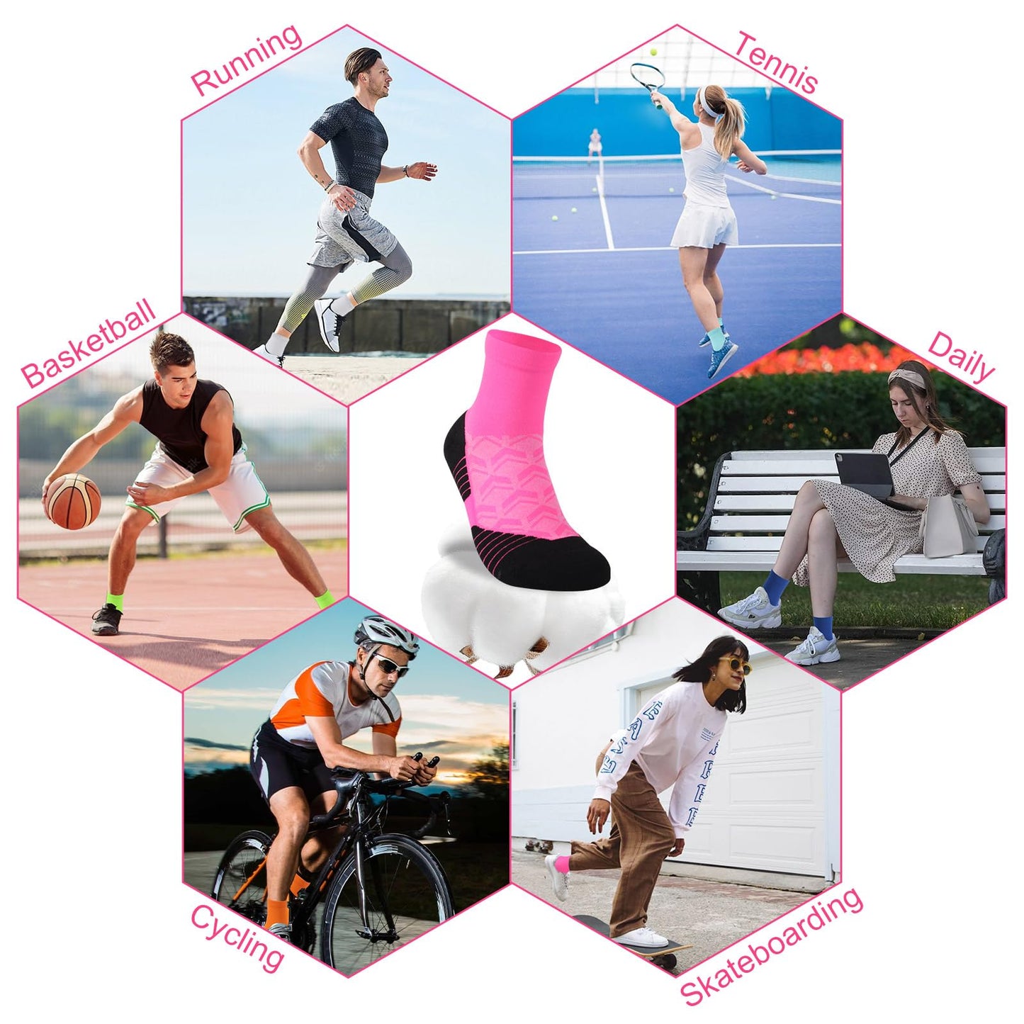 NIcool Athletic Socks Bright Pink For Womens, Cycling Socks For Men, Womens Pink Crew Socks, Mens Running Compression Socks Cushioned Mid-Calf Tennis Volleyball Neon Socks 3 Pair, Pink
