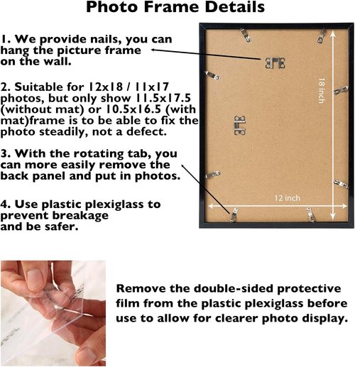 JCJMY 12x18 Picture Frame - Versatile Display for 11x17 Photos with Mat or 12x18 Without Mat | Black